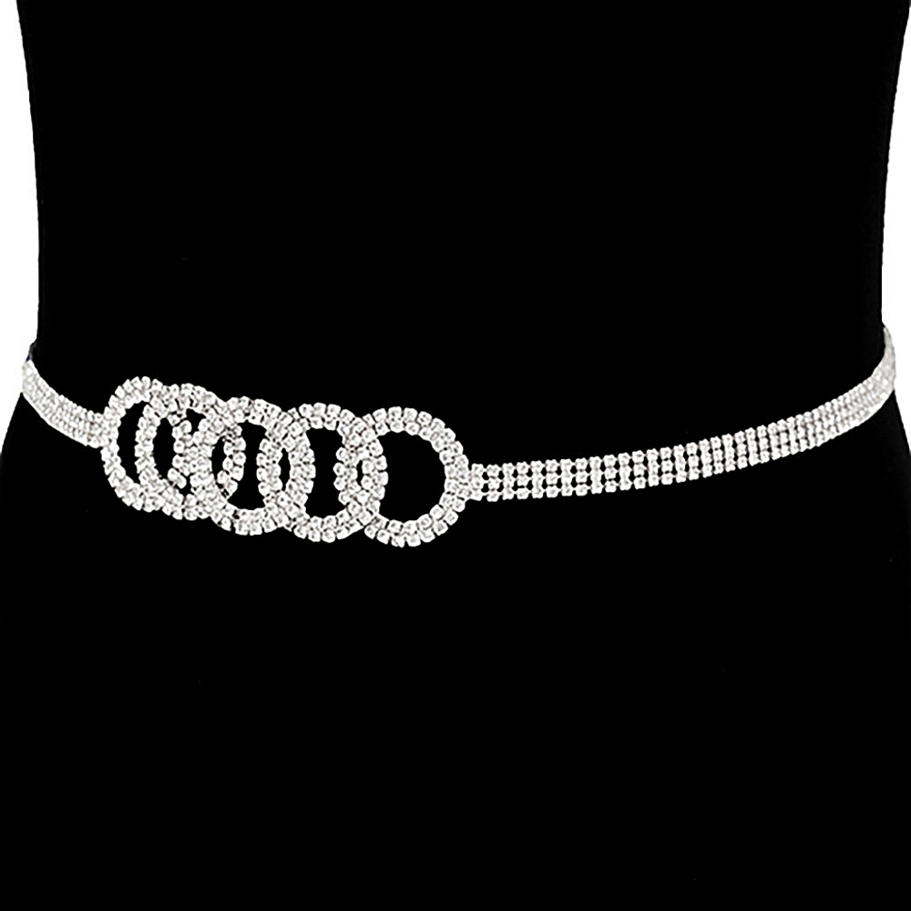 Silver Round Pendant Rhinestone Crystal Buckle Belt Statement Accessories